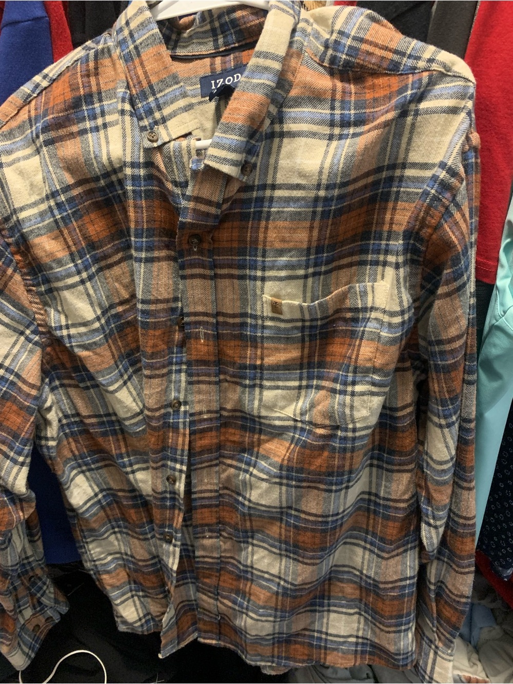 Izod Men's Cream, Orange & Blue Plaid Button-Down Shirt
